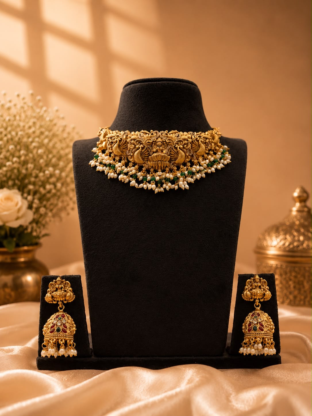 Green Beads Lakshmi Choker & Jhumki